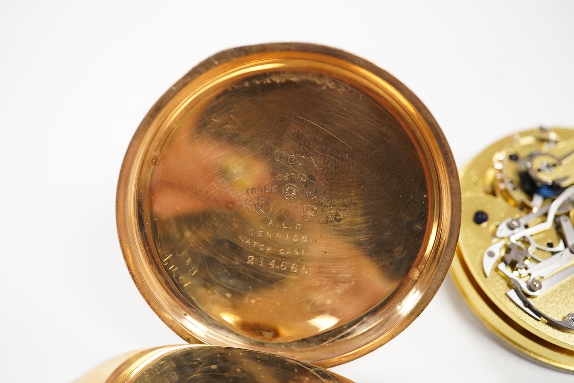 An early 20th century gilt pocket watch and a pocket watch movement, the gilt pocket watch cased by ALD Dennison, numbered 214665, movement numbered 308461, length 6.3cm; together with a pocket watch movement, the white
